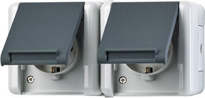 JUNG 8220W SCHUKO®-Zweifach-Steckdose verdrahtet waagerecht IP 44 Serie WG 800 grau