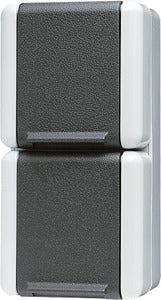JUNG 822W SCHUKO®-Zweifach-Steckdose verdrahtet mit Klappdeckel senkrecht IP 44 WG 800 grau