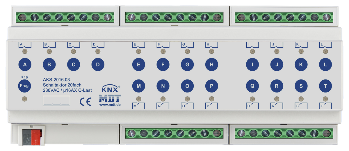 MDT Schaltaktor 20-fach, 12TE, REG, 16A, 230VAC, C-Last, Standard, 140µF