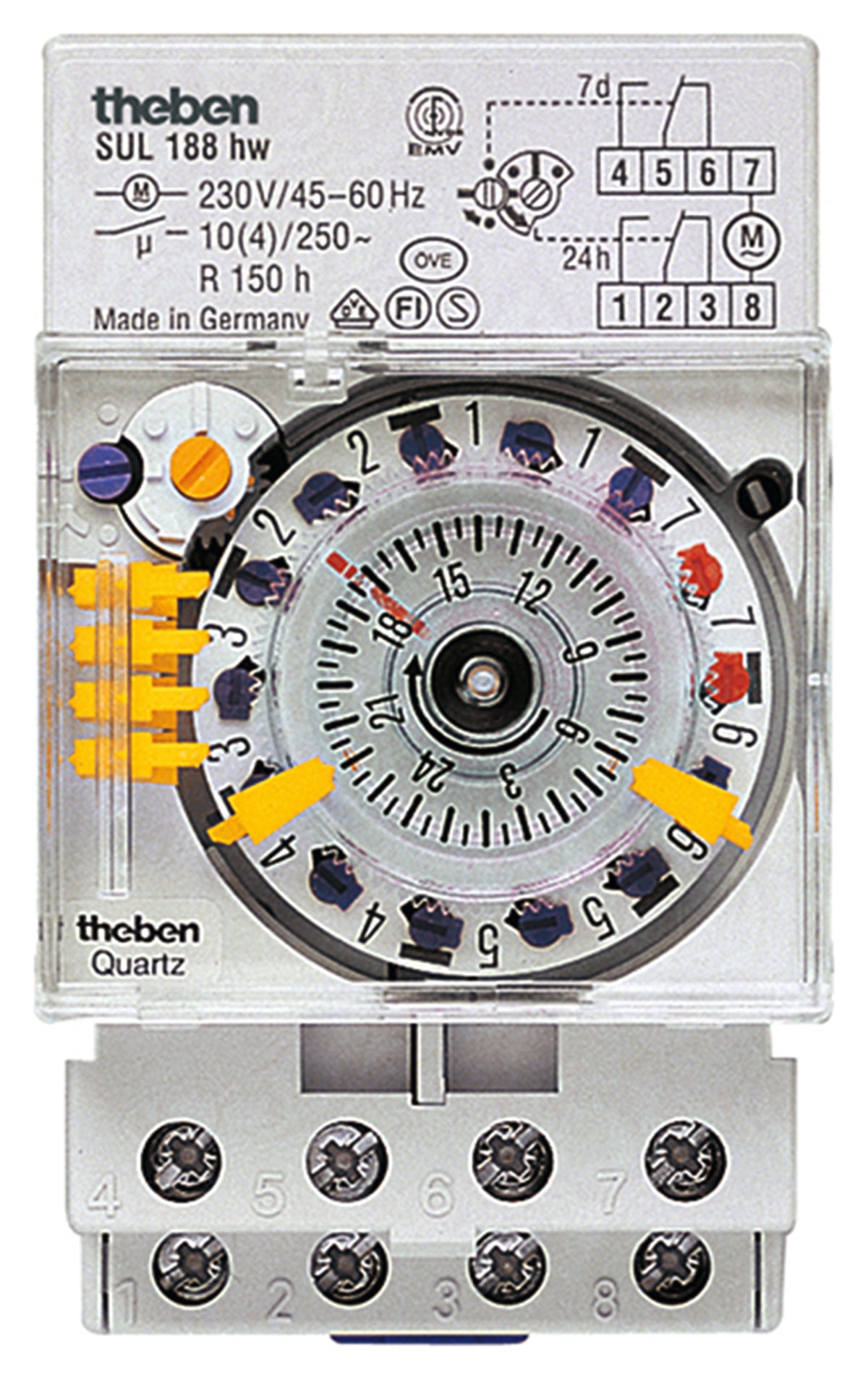 Analoge Zeitschaltuhr, SUL 188 wh, von Theben. Tages-/Wochenprogramm und 1/2 Tages-AUS-Funktion der Wochentage.