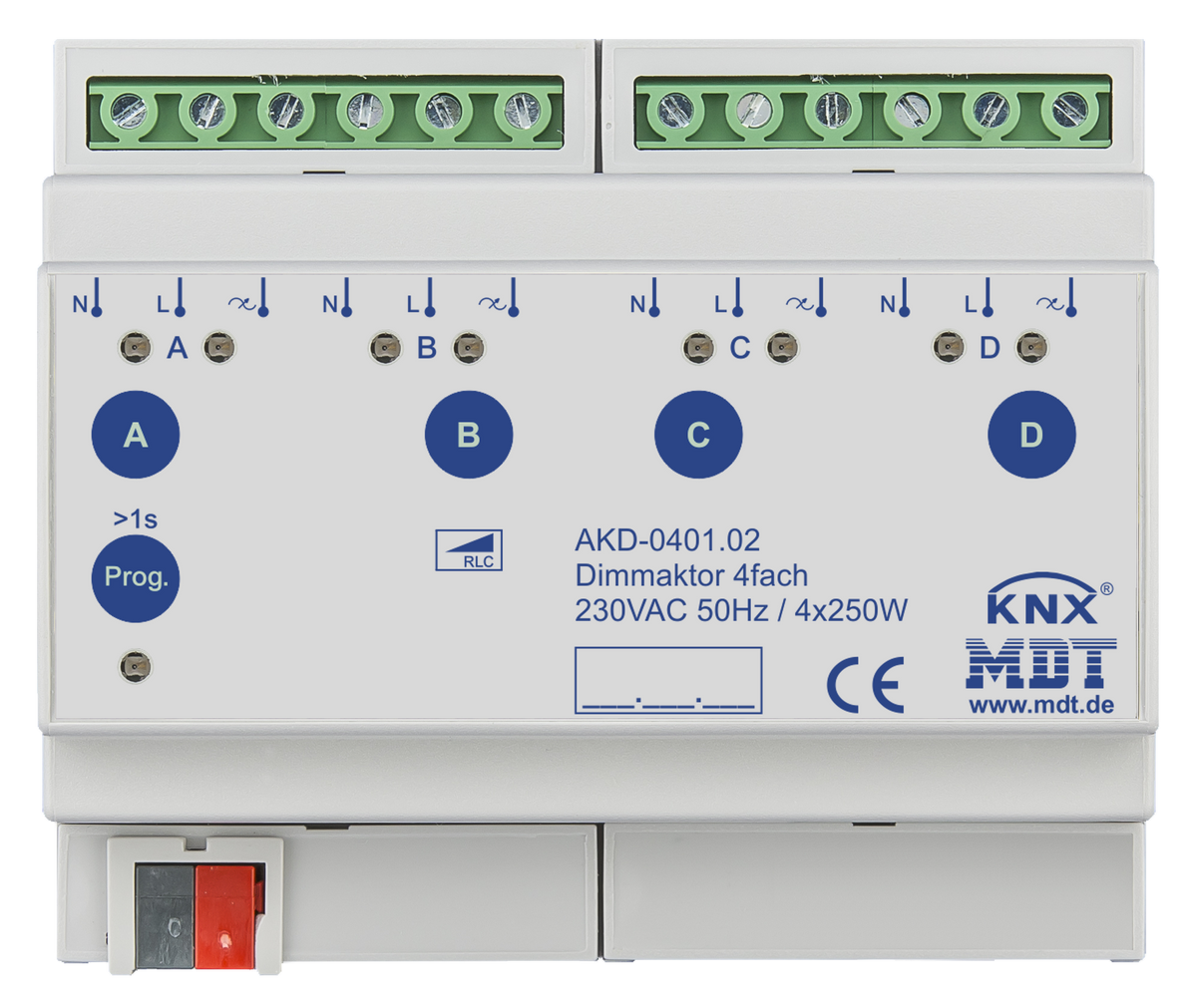 MDT Dimmaktor 4-fach, 6TE REG, 250W, 230VAC mit Wirkleistungsmessung