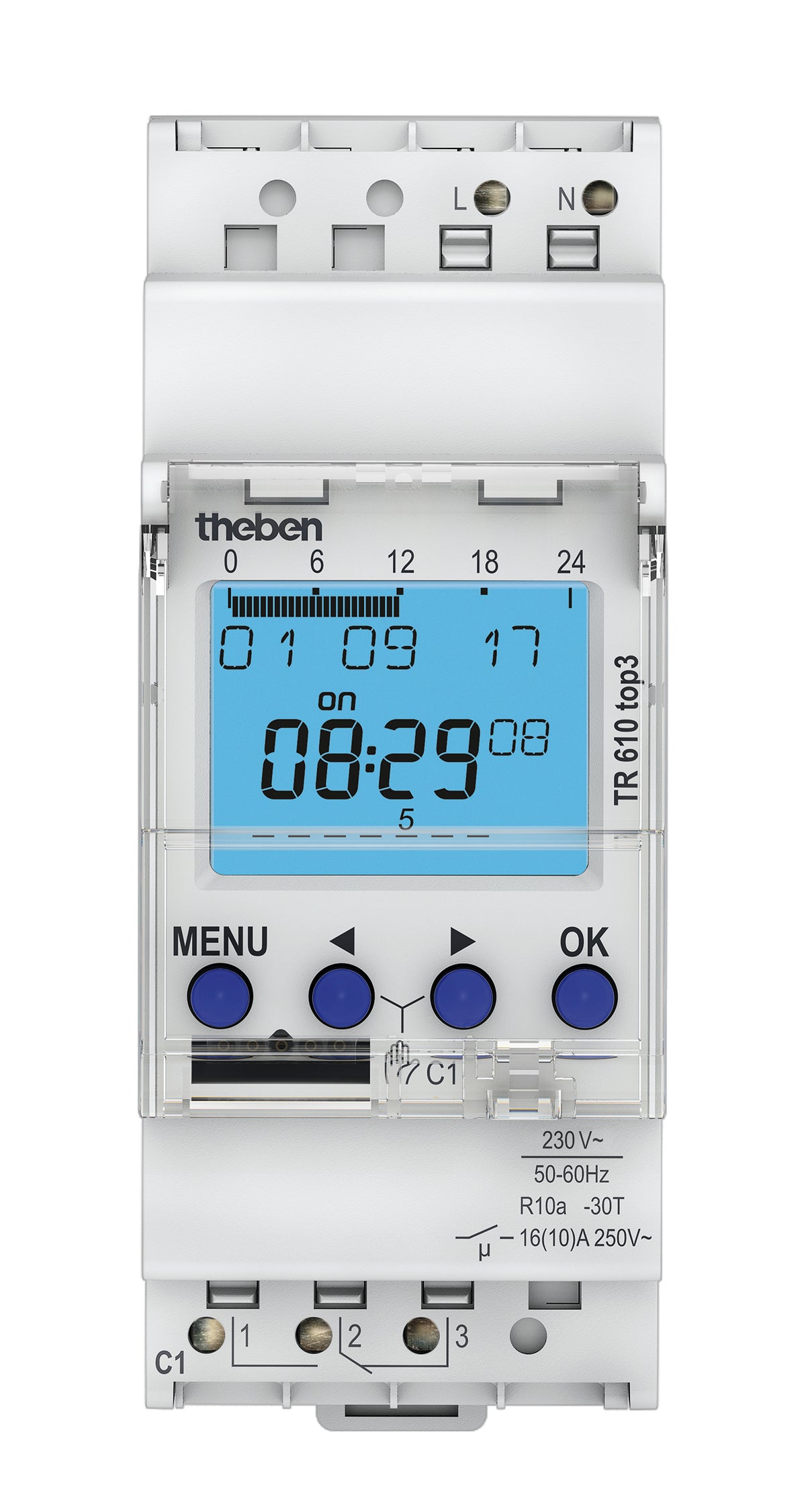  Digitale Zeitschaltuhr mit Wochenprogramm, TR 610 top3, von Theben. Maximale Manipulationssicherheit, Zeitschaltprogramme können nur dann von der App in die Uhr übertragen werden, wenn der Bluetooth OBELISK top3 in der Uhr steckt. Servicefunktion zur Überwachung von Wartungsintervallen. 