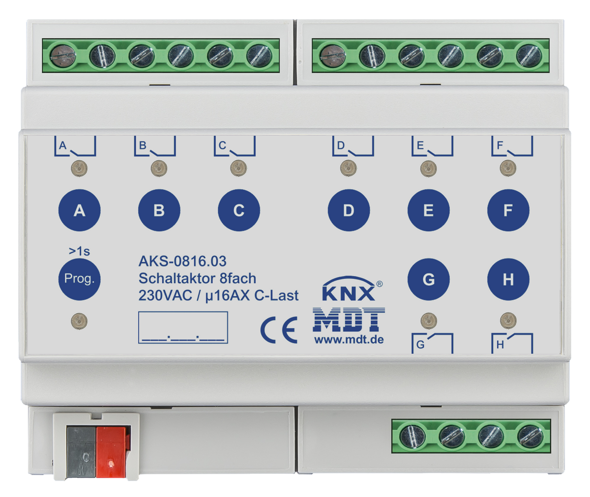 MDT Schaltaktor 8-fach, 6TE, REG, 16A, 230VAC, C-Last, Standard, 140µF