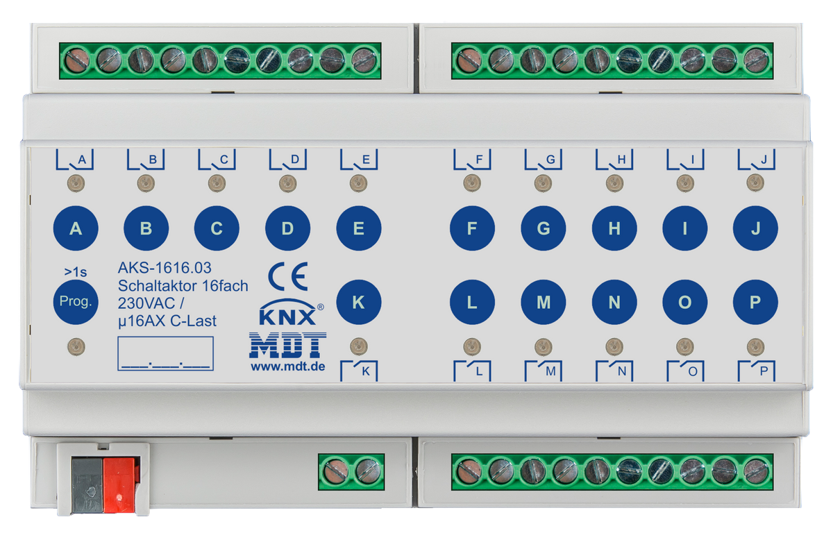 MDT Schaltaktor 16-fach, 8TE, REG, 16A, 230VAC, C-Last, Standard, 140µF