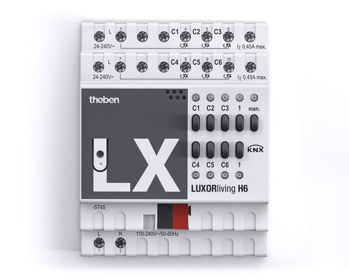 6-fach Heizungaktor LUXORliving von Theben. Zum Steuern von 6 thermischen Stellantrieben 24–240 V AC in 2 Gruppen mit jeweils 3 Ausgängen und 450 mA.