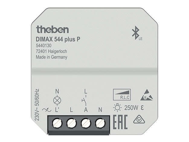 Der kompakte Universaldimmer von Theben  für R-, L-und C-Lasten mit automatischer Lasterkennung ist für die Unterputz-Montage vorgesehen