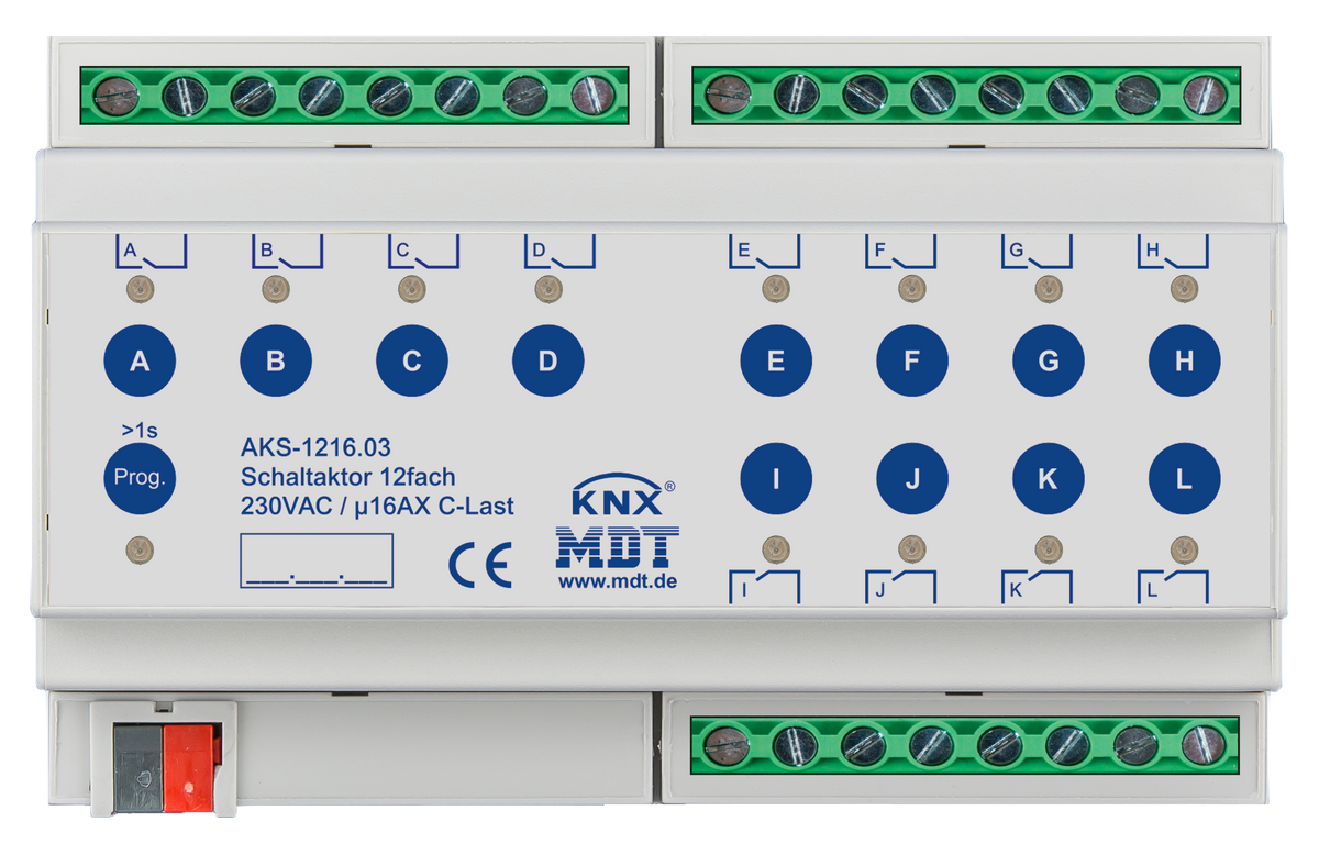 MDT Schaltaktor 12-fach, 8TE, REG, 16A, 230VAC, C-Last, Standard, 140µF