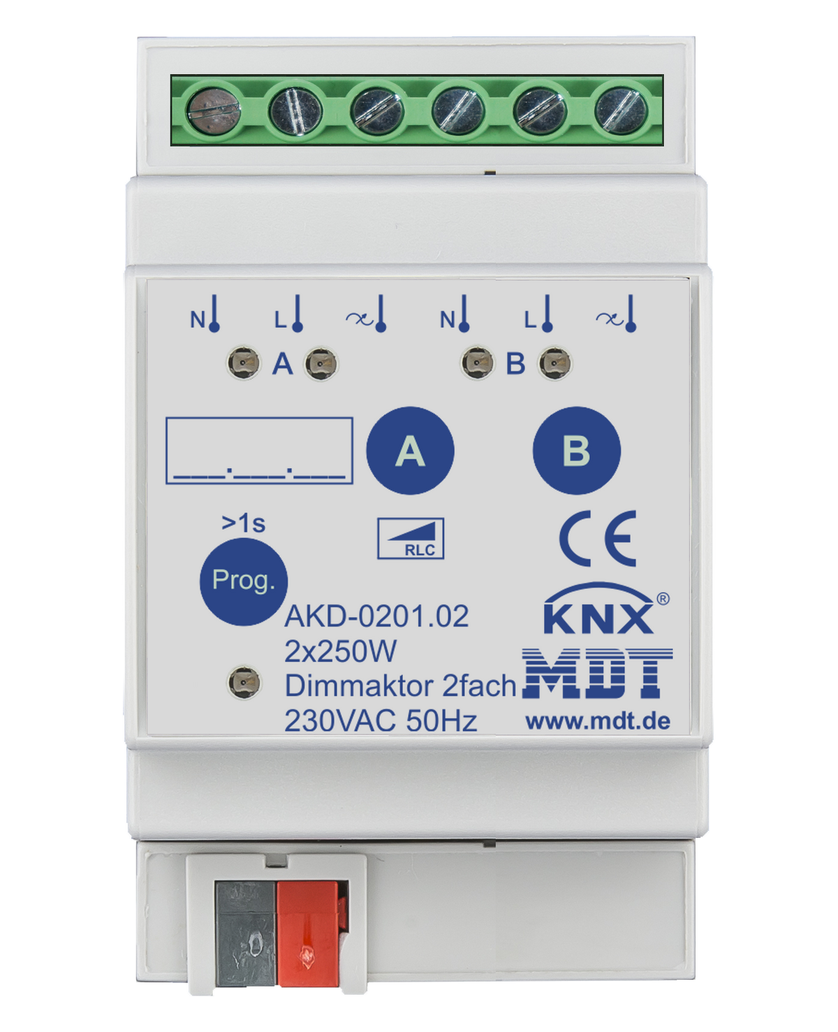 MDT Dimmaktor 2-fach, 3TE REG, 250W, 230VAC mit Wirkleistungsmessung