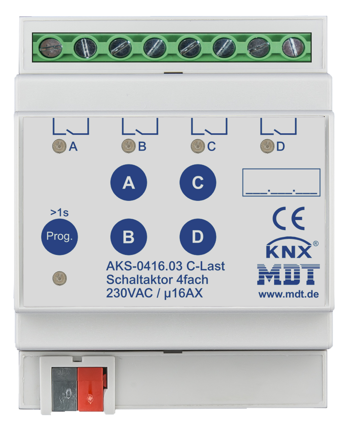 MDT Schaltaktor 4-fach, 4TE, REG, 16A, 230VAC, C-Last, Standard, 140µF